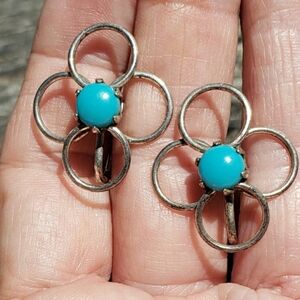 Vintage 1" Native American Sterling Silver by Bell Turquoise Screw Back Earrings